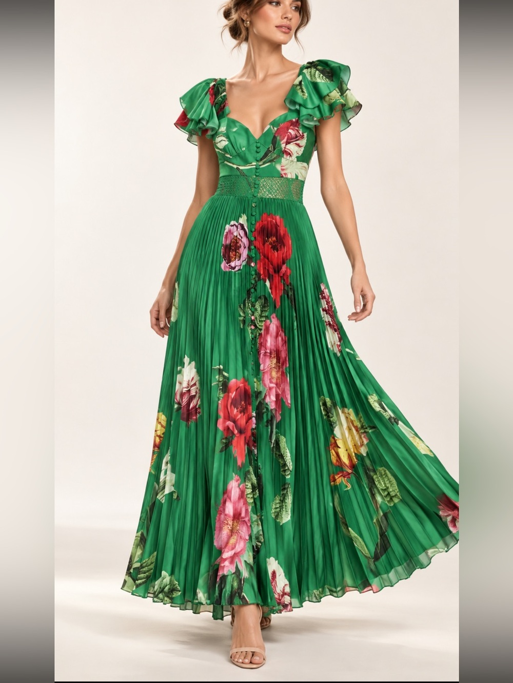 NWT Alice + Olivia Green Floral Pleated $795 Maxi Dress Size 0